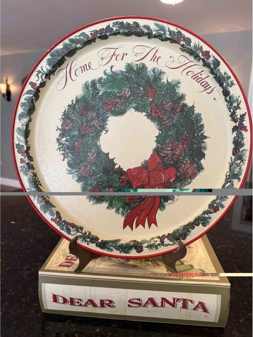 VTG 1980s Potpourri Press Metal Christmas Tray Wreath Design 13.5” EUC